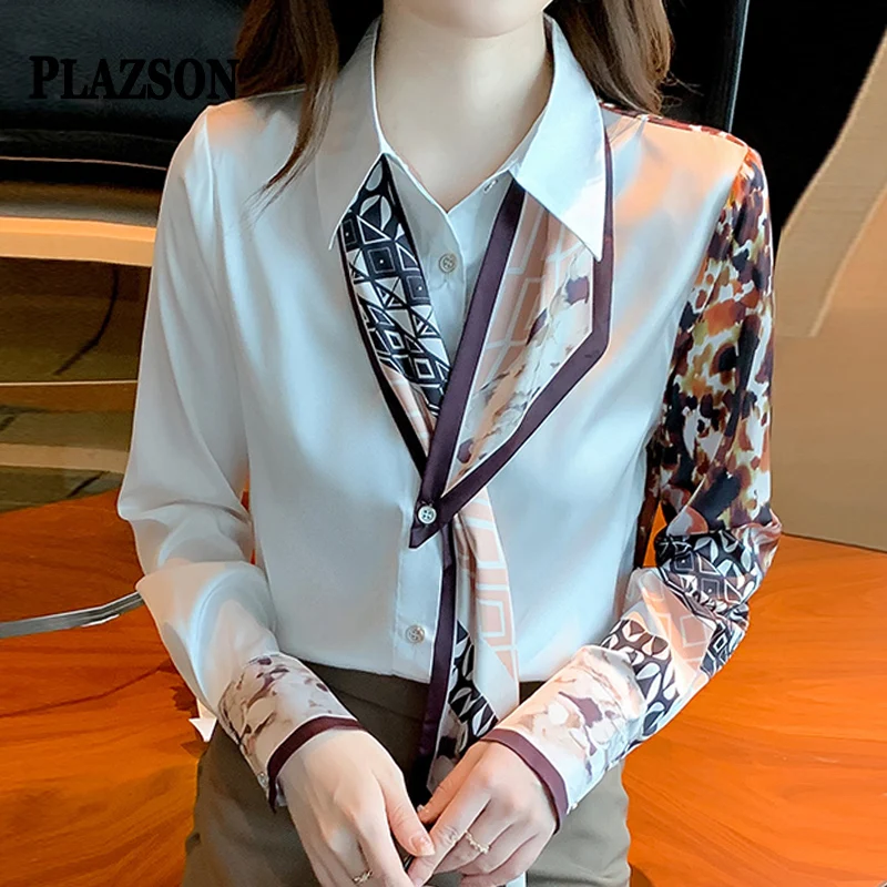 

Женские рубашки PLZASON, женская осенняя одежда, роскошная шелковая рубашка, модные белые блузки в стиле пэчворк, женская блуза с длинным рукавом