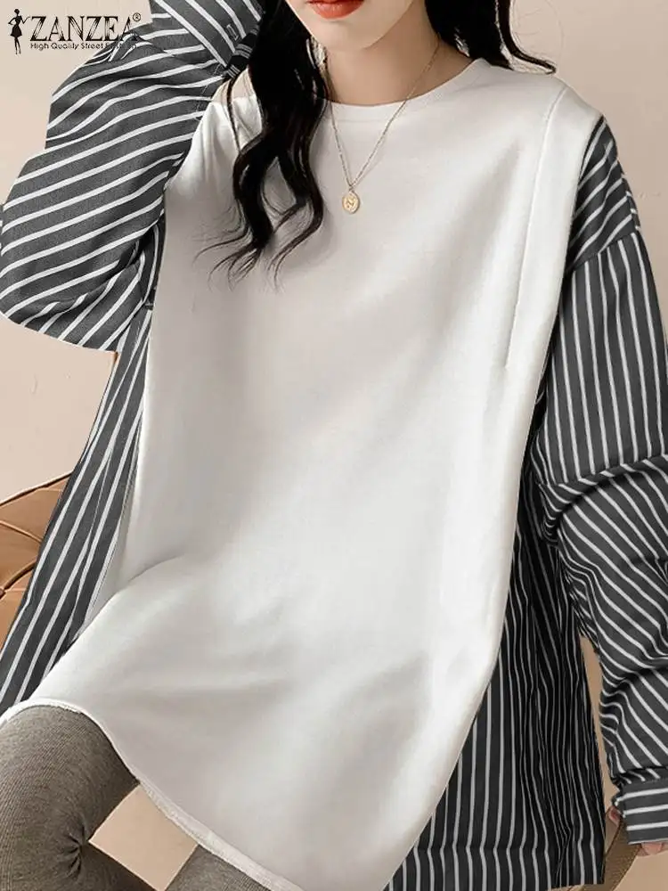 

2023 модная полосатая блузка с принтом, женские праздничные топы ZANZEA с длинным рукавом, повседневные свободные туники с круглым вырезом, винтажные Лоскутные корейские Блузы