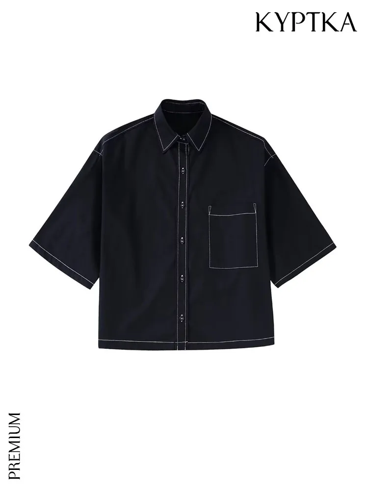 

KYPTKA Women Fashion Patch Pocket Topstitching Oversized Shirts Vintage Short Sleeve Button-up Female Blouses Blusas Chic Tops