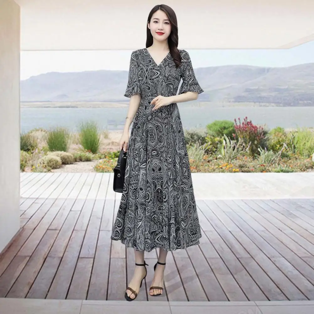 

Женское винтажное шифоновое длинное платье с цветочным принтом, Свободный пуловер с V-образным вырезом и коротким рукавом, элегантные женские летние повседневные платья Бохо со средней талией