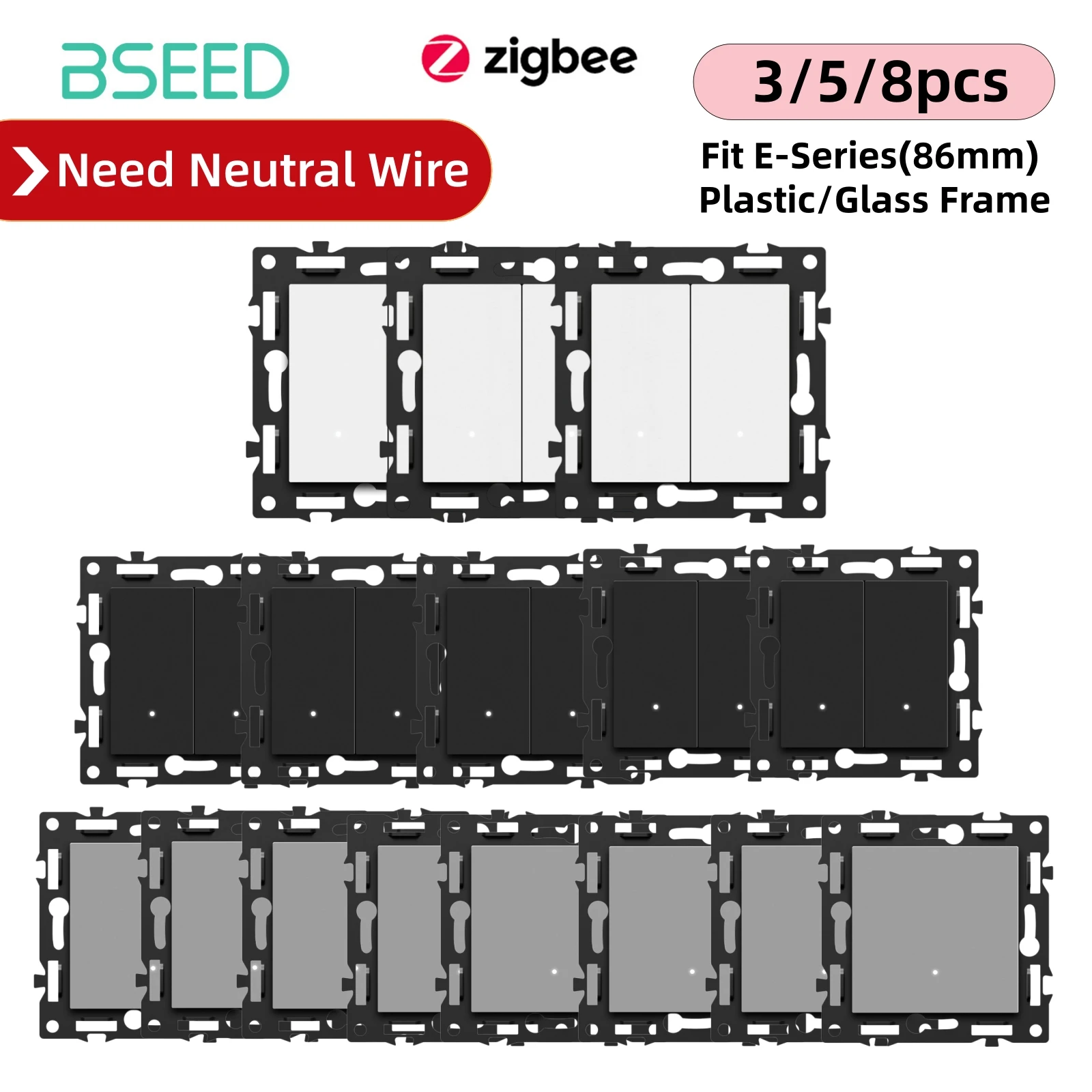 Фото Модули кнопочных выключателей BSEED Zigbee 1/2Gang (3/5/8 шт.) для умного освещения, механические кнопки, детали для самостоятельной сборки, совместимы с рамками E-серии 86 мм №1