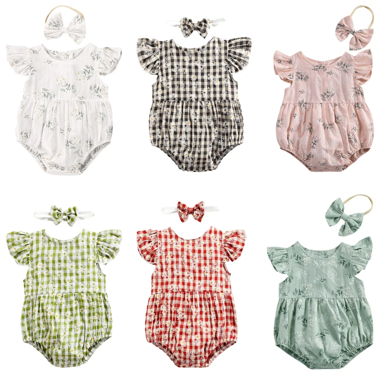 

Lovely Summer Newborn Infant Girls Romper Princess Girls Ruffles Sleeve Flower Print Cotton Romper Jumpsuits Headband Outfits
