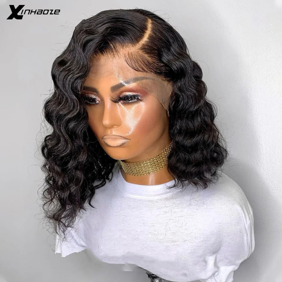 

180% Water Wave Short Bob Silk Top Lace Front Human Hair Wigs Brazilian Closure Frontal Wig Pre Plucked Remy Glueless Bob Wig