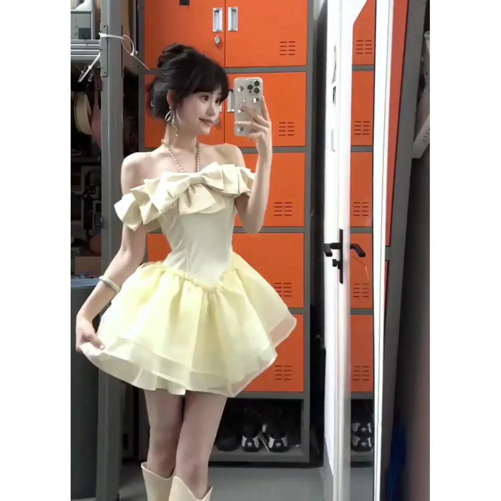 NONSAR Lolita желтое платье Y2k женское милое кавайное с бантом открытыми плечами тонкое