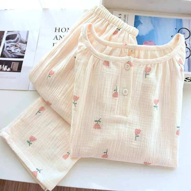 

100% Cotton Yarn Women Pajamas Sleepwear Floral Print Female 2 Piece Set Pijama Nightwear Spring Pyjamas Home Clothes Loungewear