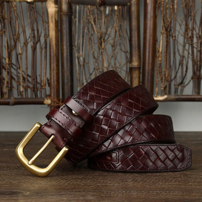 

3.8cm Width Weaving Belt Copper Buckle Designer Cowskin Genuine Leather Belts for Men Woven Male Strap Braided Belt for Jeans