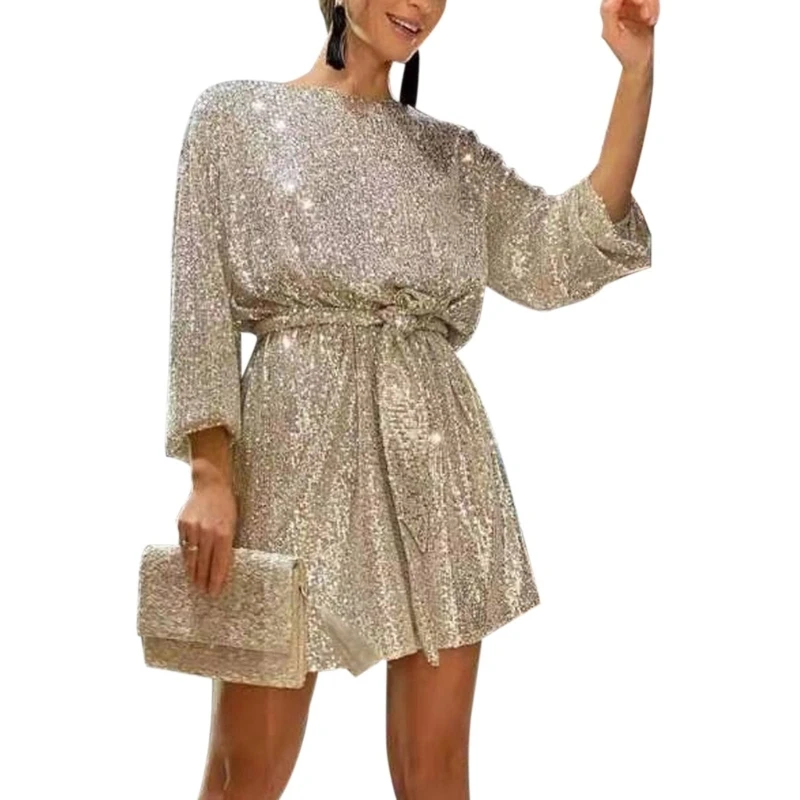 

Women Solid Color Puff Long Sleeve O-Neck Glitter Sequins Mini Dress with Belt MXMA