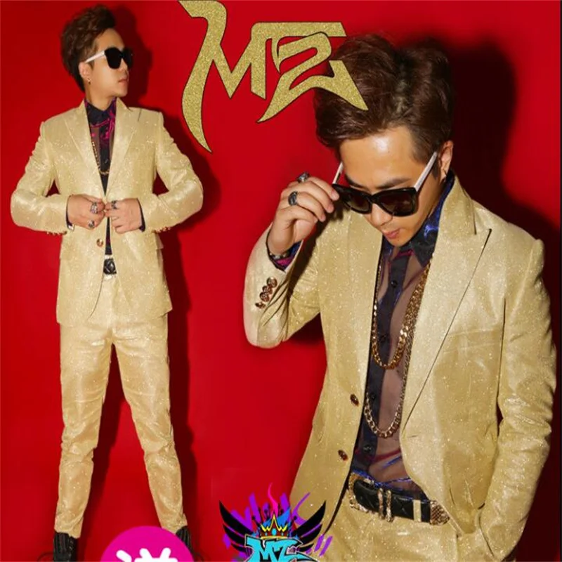 Bar sequin suit mens blazers host dress nightclub male singer costumes slim clothes gold single-breasted