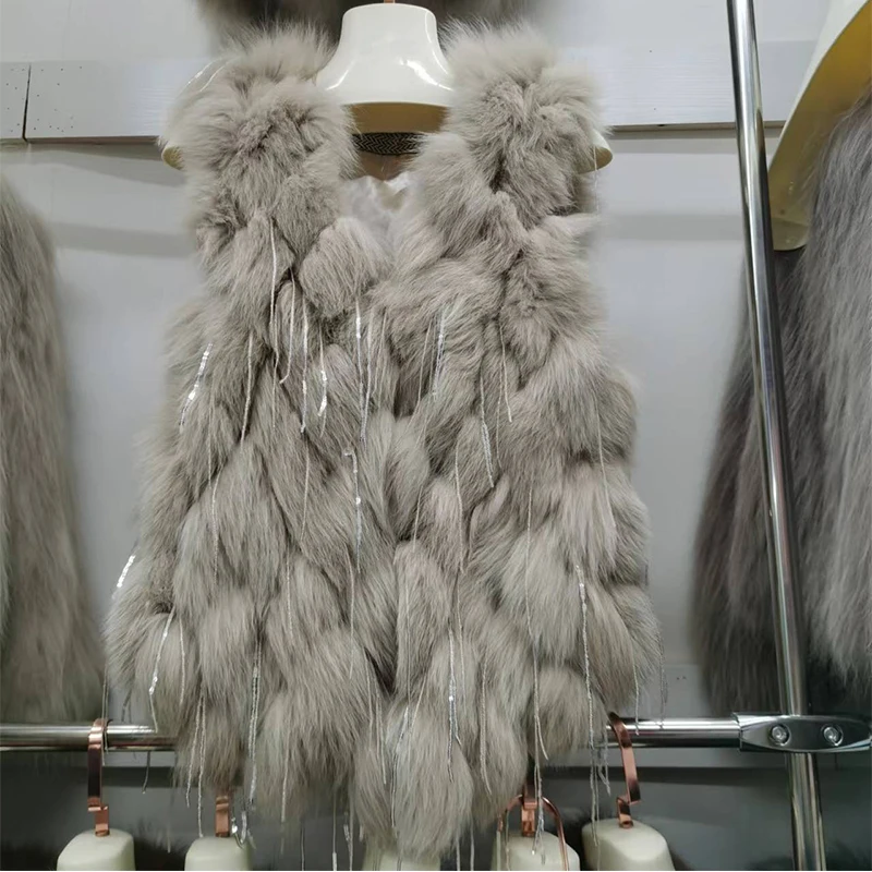 Shiny Sequins Tassel Fur Coat Ladies 2022 Winter Faux Fox Fur Fashion Trendy New Sleeveless Fur Vest Women's Elegant Streetwear