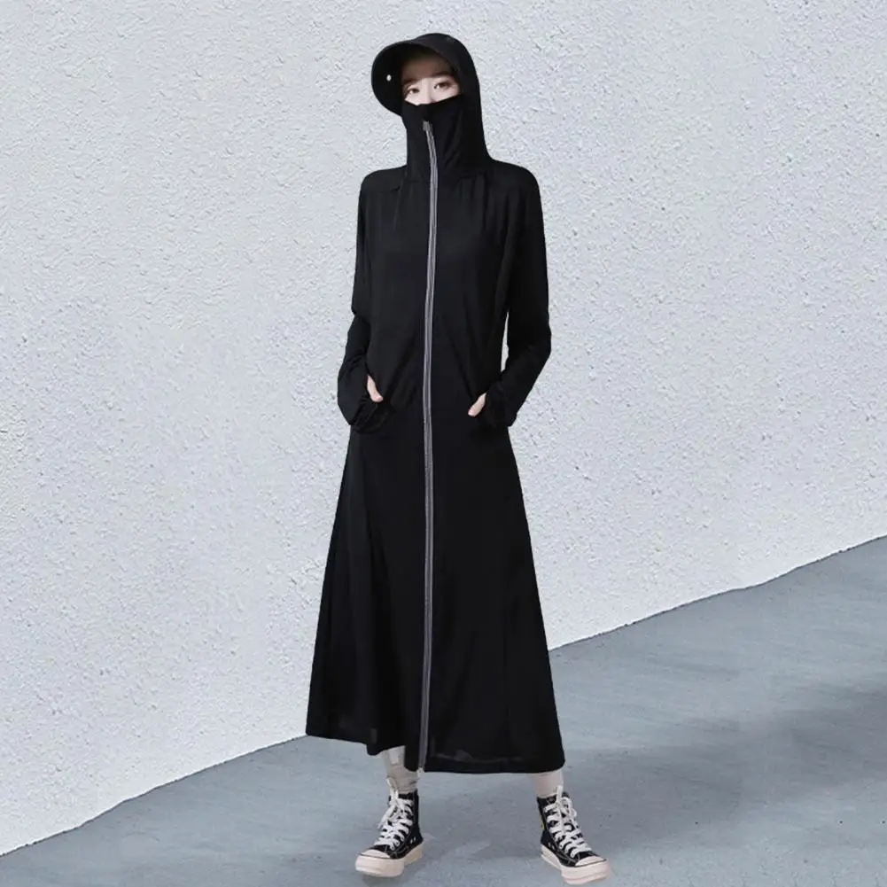 

Women Sunscreen Coat Stylish Women's Long Sunscreen Coat Hooded Anti-uv Protection Breathable Ice Silk Fabric Zipper Closure