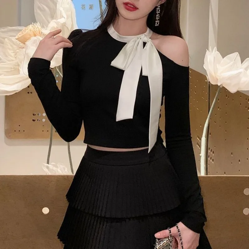 Модный тонкий однотонный трикотаж с бантом женский весенне-осенний сексуальный