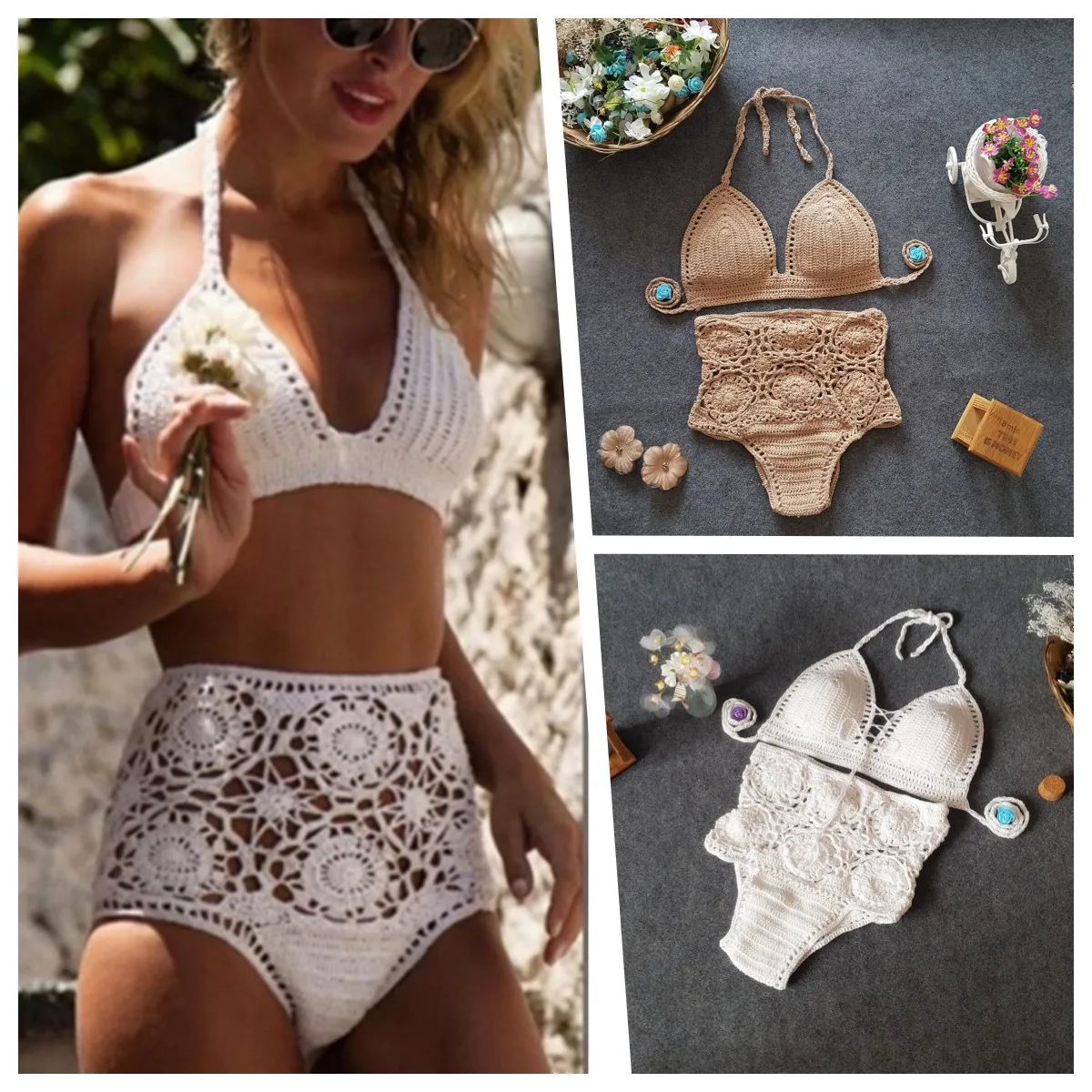 

Новинка 2023, бикини ручной работы, женский пляжный Бралетт в стиле бохо, однотонный вязаный купальник с лямкой на шее, бразильские бикини, купальный костюм