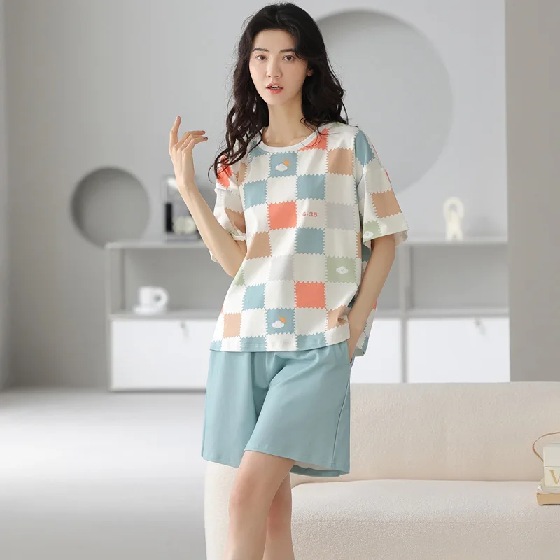 

Summer 100% Cotton Pajamas Ladies Cute Short-sleeved Thin Two-piece Suit Korean Version Can Be Worn Outside Home Clothes