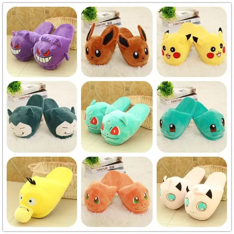 

Anime Pokemon Couple Plush Slippers Pikachu Charmander Zenigame Squirtle Snorlax Eevee Warm Plush Indoor Cotton Slippers