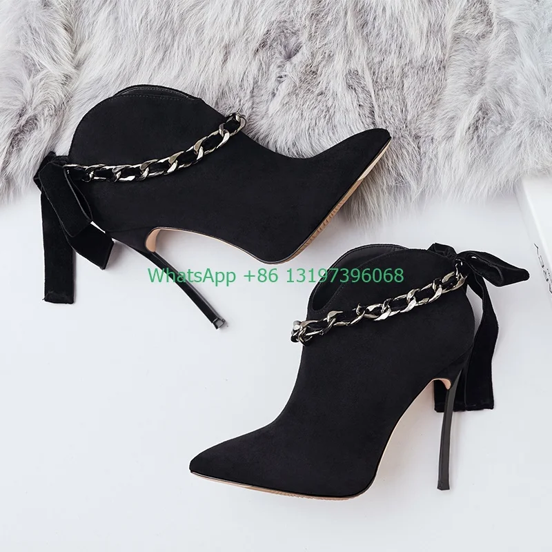 Women's Pink Suede Bow Lace Up Ankle Boots Pointed Toe Metal Stilettos 10cm Prom Banquet Elegant Boots Plus Size Footwear 33-43