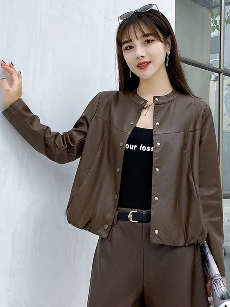 

LY VAREY LIN New Spring Autumn Pu Short Jacket Women High Street O-neck Single Breasted Leather Jacket Lady Motorcycle Coat