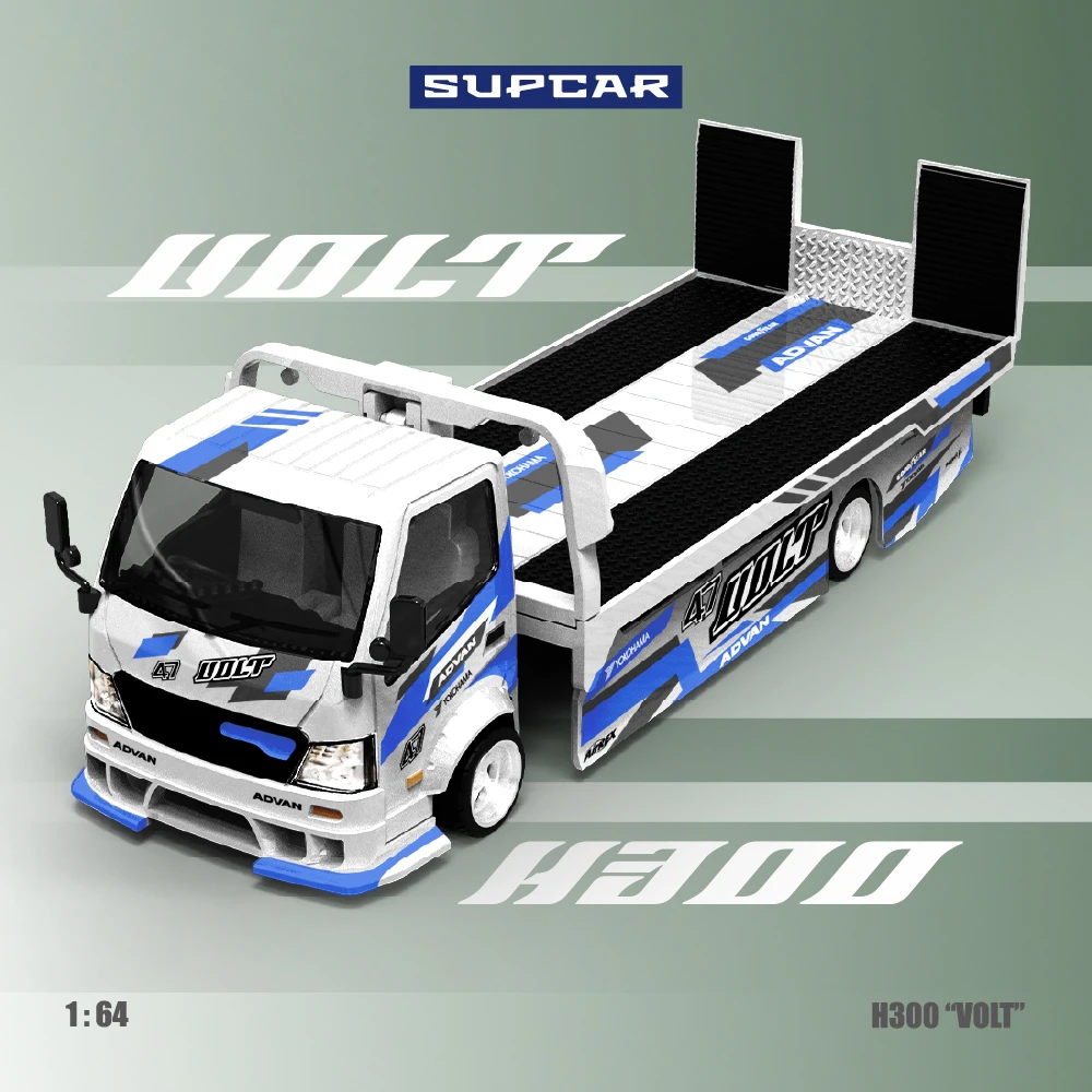 Коллекционная модель автомобиля SUPCAR 1:64 H300 Flatbed Transport Trailer ADVAN VOLT, сине-белая ливеринговая расцветка, имитация, литая под давлением, из сплава. (art.: 3920da5d7e1bf) - 3920da5d7e1bf