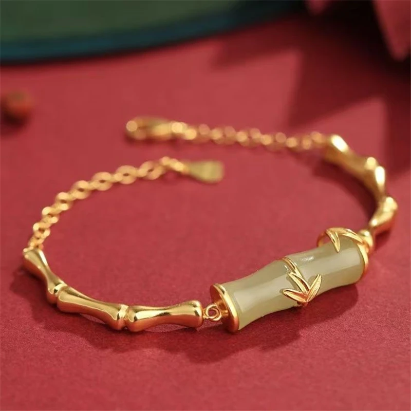 Винтажный фестивальный браслет Hetian Jade Bamboo нежный с серебряным покрытием 925