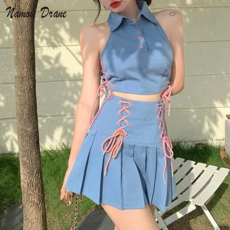 

Namou Drane Pleated Skirt Female Strap High Waist Thin A-word Short Skirt Two Single Suit New Temperament Small Skirt