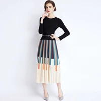 womens early autumn new high end temperament round neck long sleeve knit splicing contrast pleated belt slim fashion dress