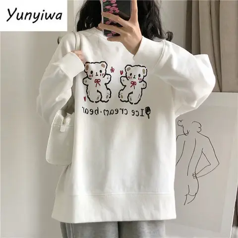 Hoodies Women Lovely Cartoon Simple Soft Loose O-neck Schoolgirls Kawaii Clothes Daily Casual All-match Popular Femme Sweatshirt