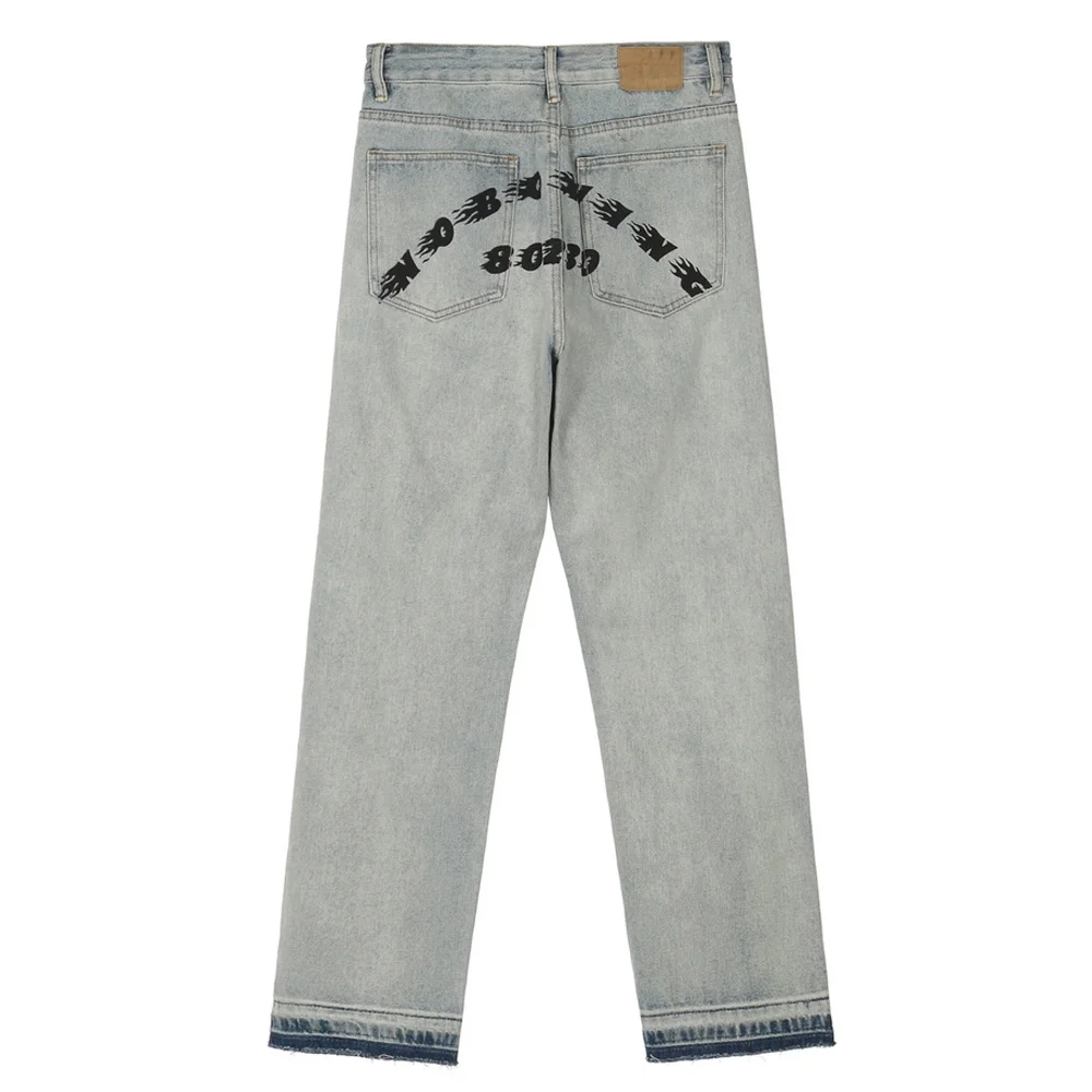 

Мужские и женские прямые брюки 2022, прямые джинсы с карманами и надписью, рваные джинсовые брюки в стиле ретро, брюки большого размера в уличн...