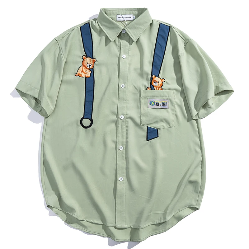 

Summer Men Short Sleeve Button Shirts Hip Hop Japanese Style Embroidery Blouse Streetwear Harajuku Fashion Casual Male Shirts