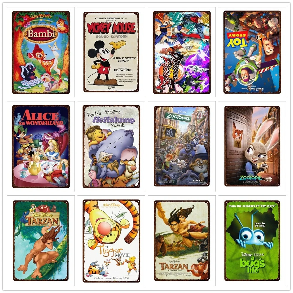 

Classic Disney Animation Metal Print Plates Disney Alice Snow White Donald Duck Fawn Bambi Metal Tin Sign Plaques Man Cave Decor