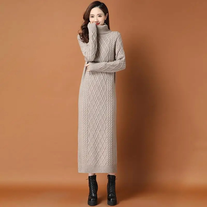 

Turtleneck Women's Dress Long Sleeve Sweater Kintted Dresses Women Fashion Solid Slim Autumn Winter Pullover Casual Knitting S38