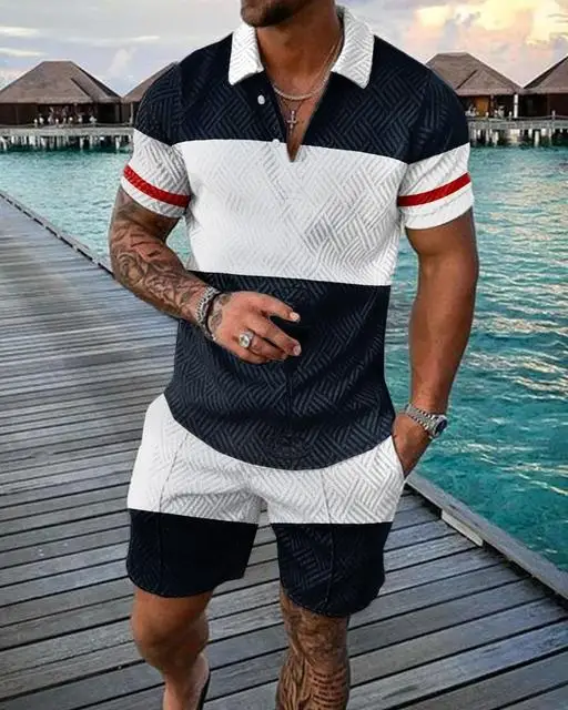 New Summer Simple stripes Polo Sports Suit Men's Clothing Tracksuit Men Casual Short Sleeve T Shirt Men's Lapel Zip Polo Shirt