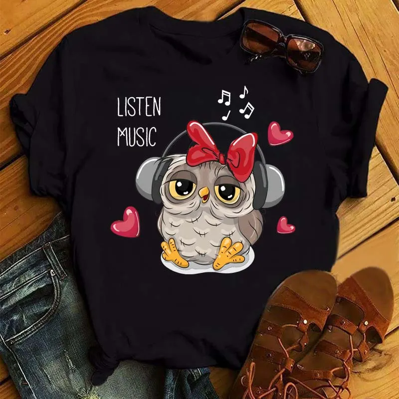 

Harajuku Kawaii Women T shirt Fashion Owl Music Print Short Sleeve T-shirt Female Casual Black Woman Clothing Ladies Crop Tops