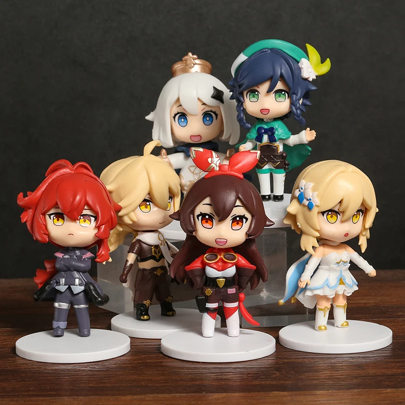 

6pcs/set Genshin Impact Paimon Lumine Aether Amber Diluc Ragnvindr Barbatos PVC Model Dolls Toys Colletible Figurals