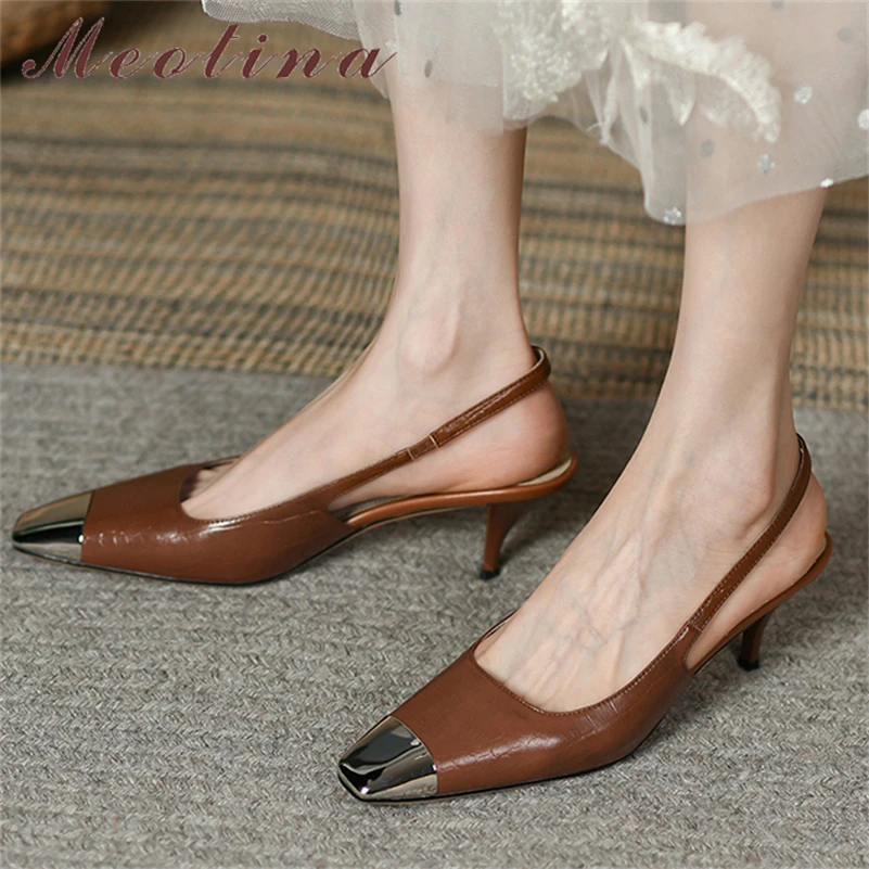 

Meotina Genuine Leather Women Slingbacks Shoes Thin Heels Pumps Square Toe High Heel Ladies Footwear Spring Brown Big Size 40