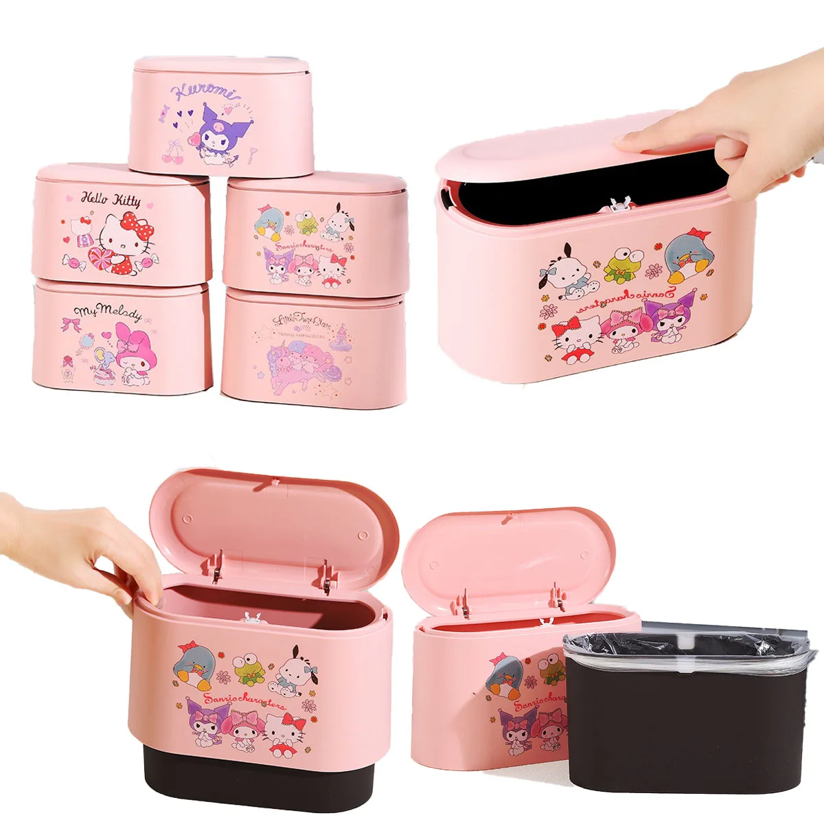 

Kawaii Sanrios Series Kuromi My Melody Cinnamoroll Kitty Desktop Trash Can Household Press Mini Trash Storage Box with Lid