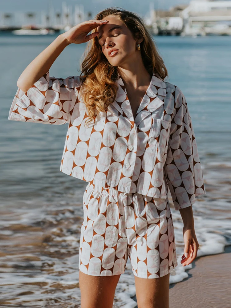 

Linad Loose Women's Home Clothes 2 Piece Sets Print Three Quarter Sleeve Pajamas Female Casual Suits With Shorts Summer 2023