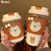 480550ml cute bear glass water bottle with straw cover kawaii portable glass cup for drink coffee milk juice tea gift for girl