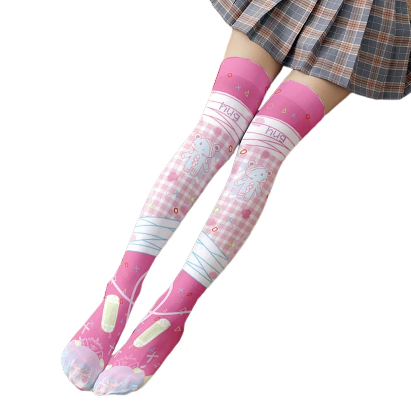 

Japanese Cartoon Anime Thigh High Stockings Women Rabbit Toy Bandage Injured Bear 3D Print Over Knee Socks