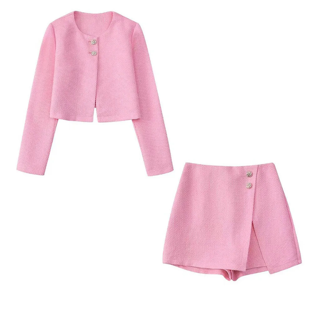 

Women's 2022 New Fashion Button Decoration Textured Short Suit Jacket Temperament Chic Female Blazer + High Waist Skirt Suit