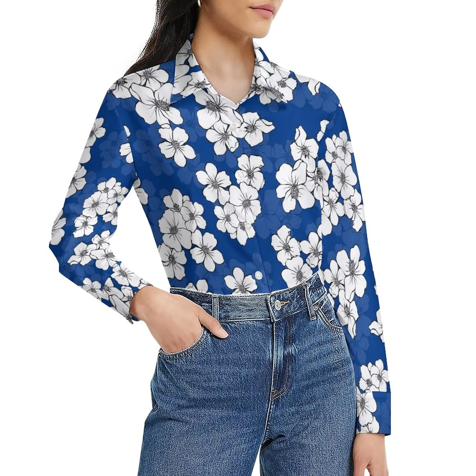 

White Flower Print Blouse Retro Floral Elegant Custom Blouses Women Casual Shirt Spring Long-Sleeve Oversized Clothing