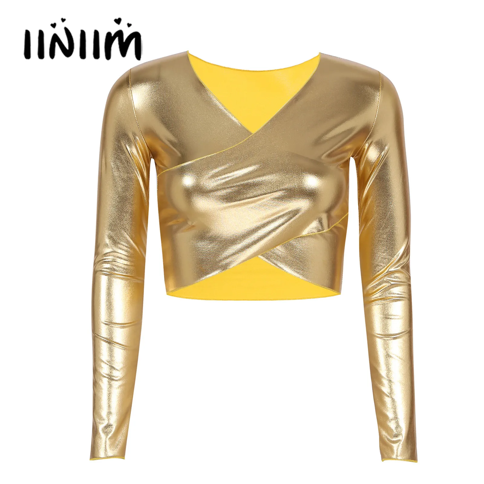 Womens Metallic Shiny Long Sleeve T-shirt Tops Fashion Cross Wrap V Neck Crop Top Festival Clubwear Pole Dancing Rave Outfit