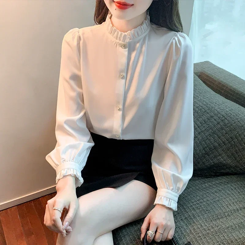 

Spring Summer Women's Long Sleeve French Elegant Wood Ear Collar Solid Button Chiffon Shirt Women Tops Blouse Blusas Mujer C359
