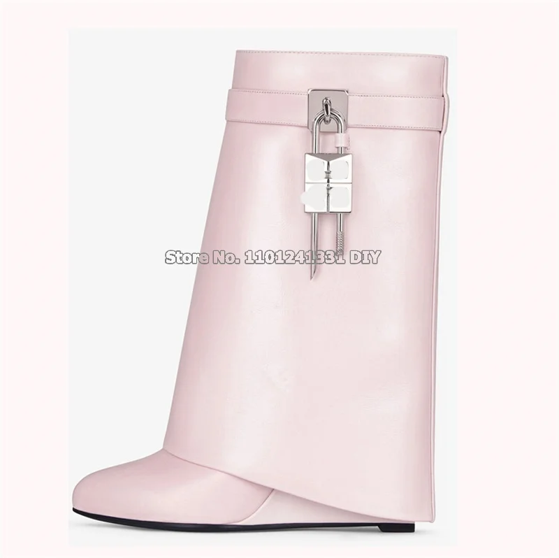 Padlock Real Leather Wedge Heeled Short Boots Ladies Height Increased High Heel Autumn Winter Short Boots Plus Siz