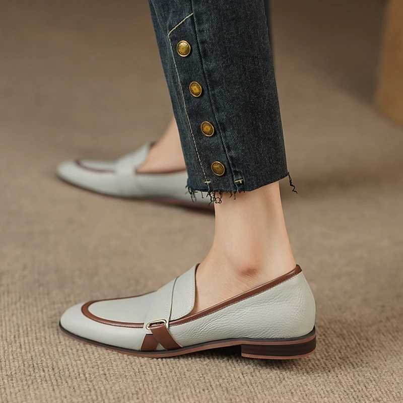Concise Comfortable Women Flats Working Casual Metal Buckle Mixed Colors Genuine Leather Shoes Woman 2023 Spring Summer New