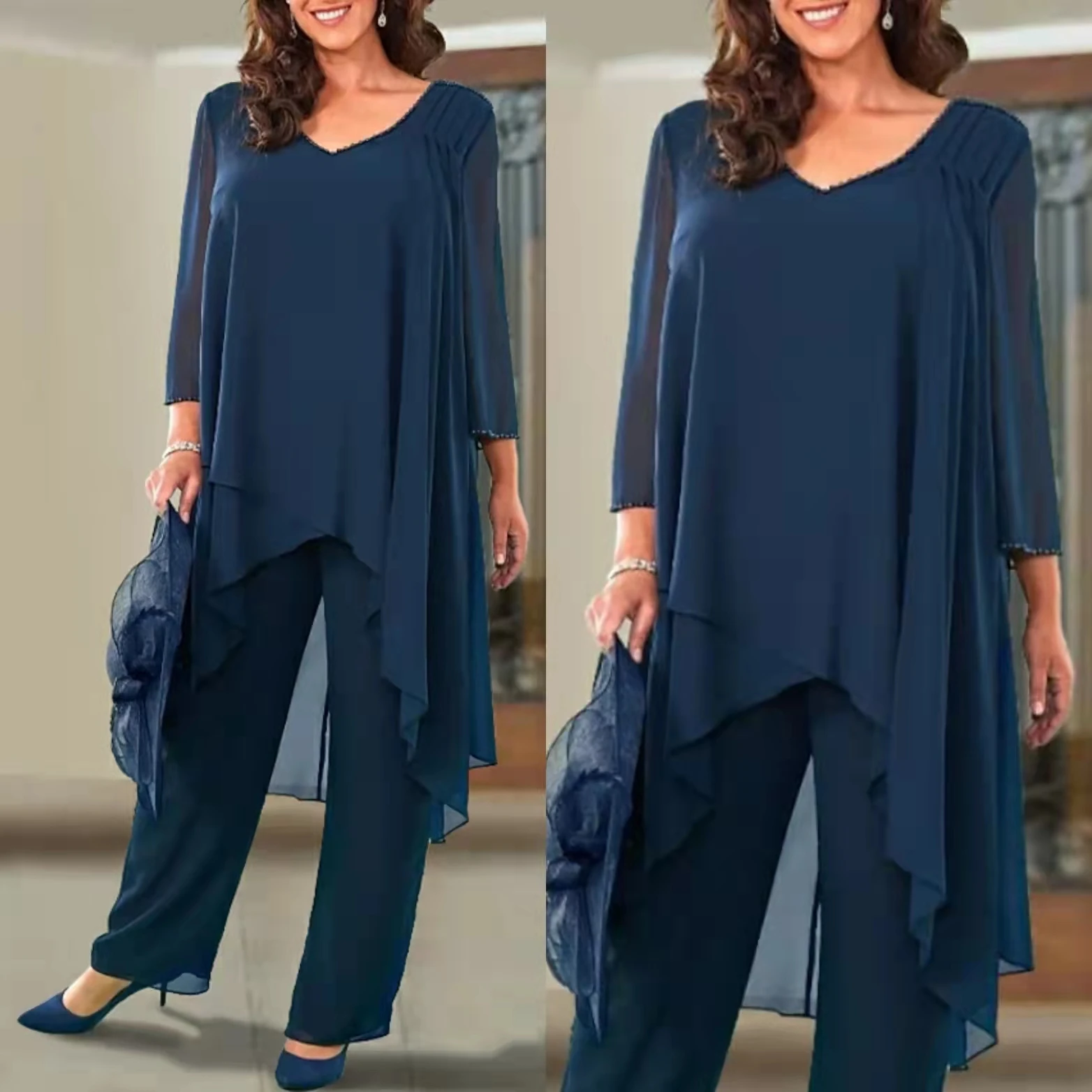 

Женское шифоновое платье для матери невесты, Элегантное Длинное Платье-трапеция до пола с V-образным вырезом и бисером, вечернее платье со складками