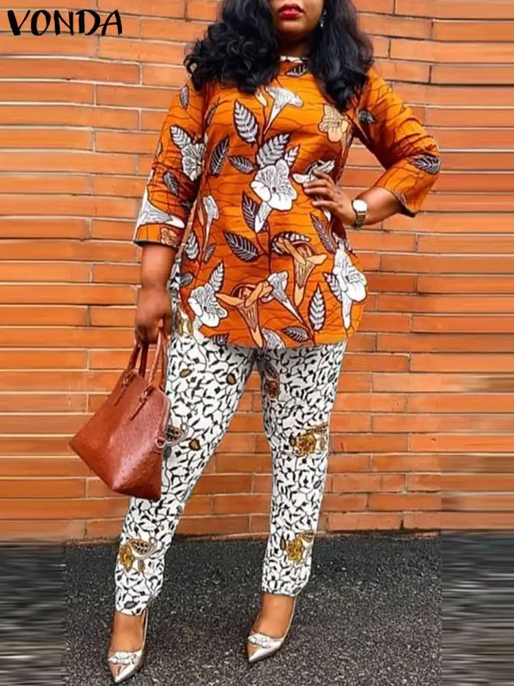 Элегантные штаны с принтом размера плюс 5XL VONDA женские комплекты сексуальные топы