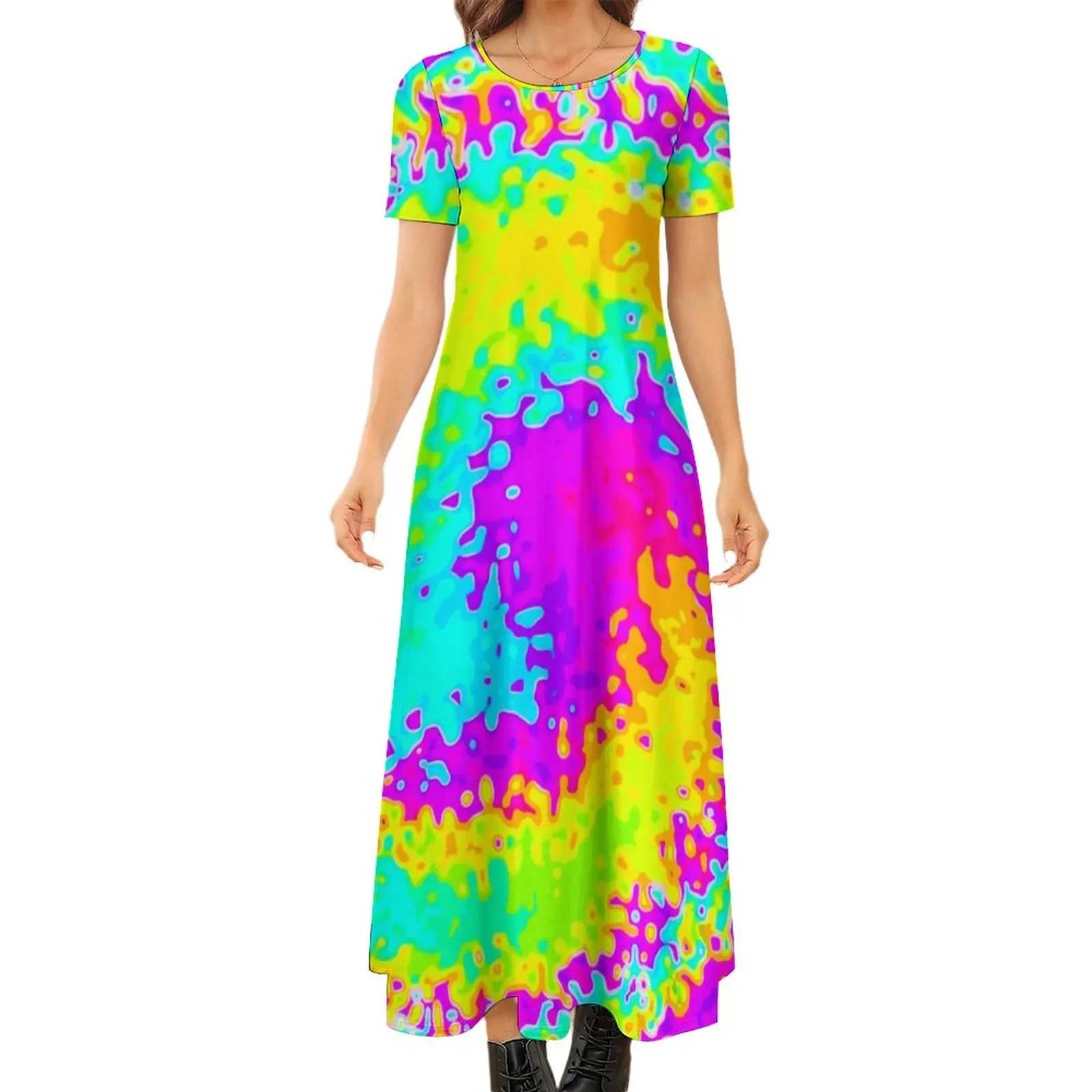 

Yellow Tie Dye Dress Psychedelic Print Street Wear Boho Beach Long Dresses Ladies Retro Maxi Dress Big Size 6XL 7XL