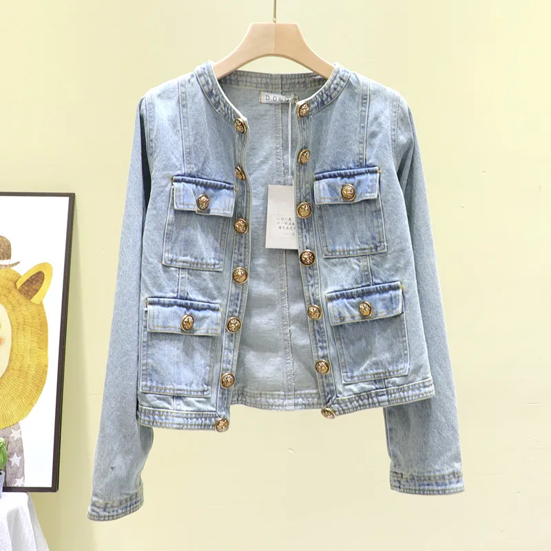 

Spring Vintage Wash Blue Denim Jacket Women Slim Short Cardigan Cowboy Outwear Big Pocket Stand Collar Jeans Jacket Coat Female