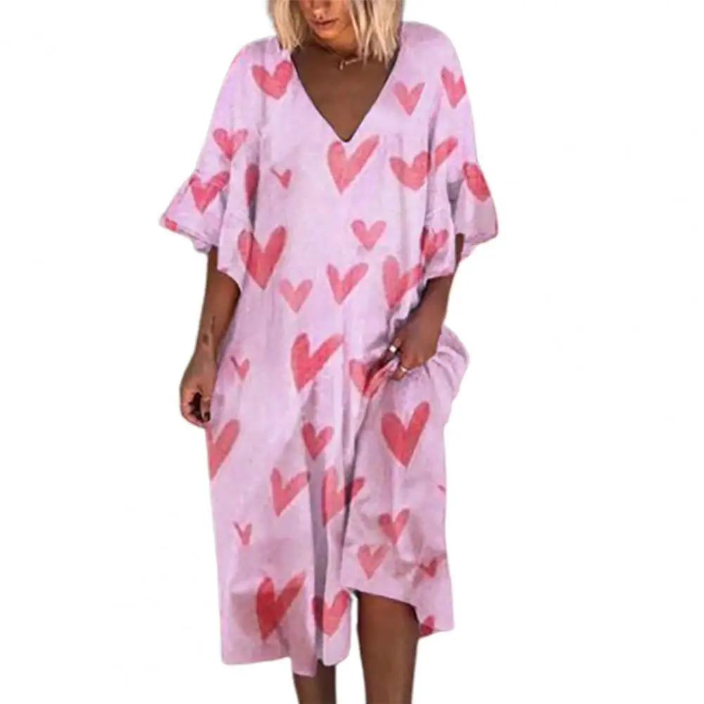 

Fashion Dress V Neck Printing Retro Large Hem Casual Dress for Daily Life