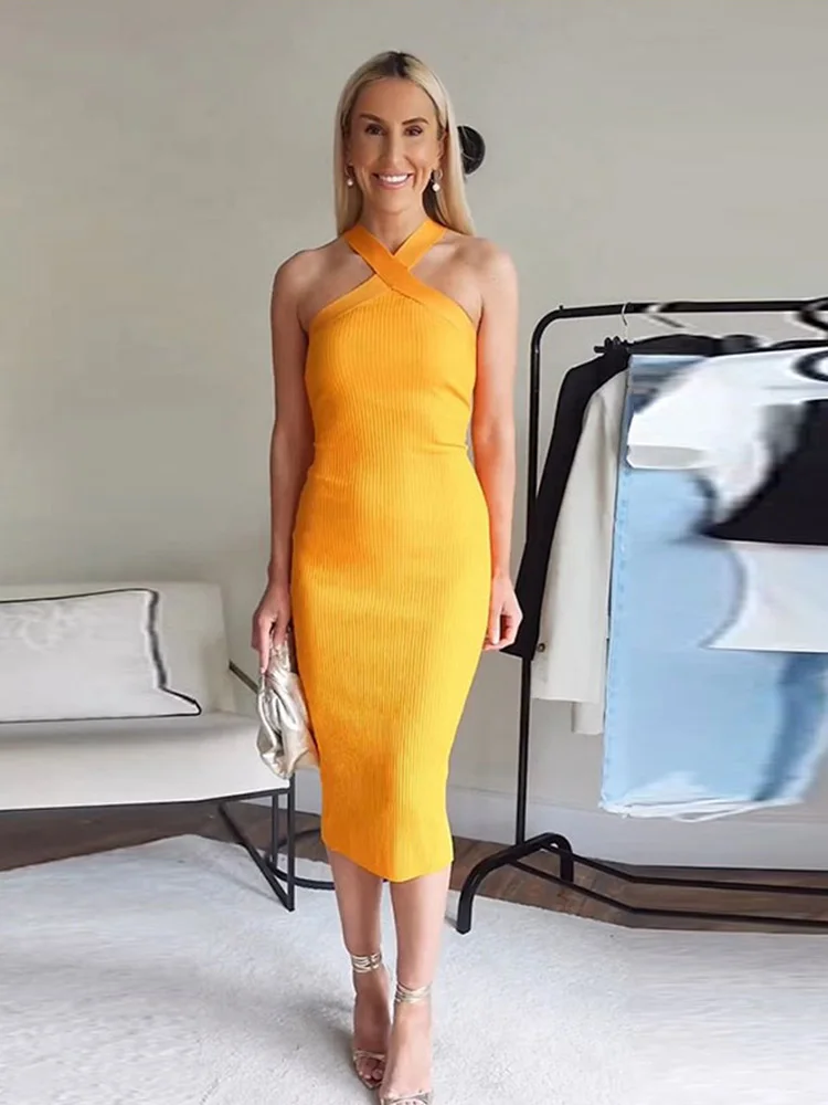 

Fashion Solid Cross Suspenders Dress Women Elegant Slim Off Shoulder Midi Vestidos Summer Casual Chic Office Lady Dresses