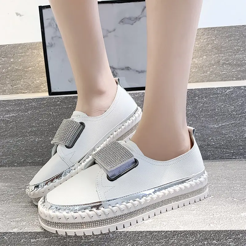 Luxurywoman Crystals Round Toe Flats Loafers Women 3cm Chunky Sole Platform Casual Female Shoes Big Szie 43